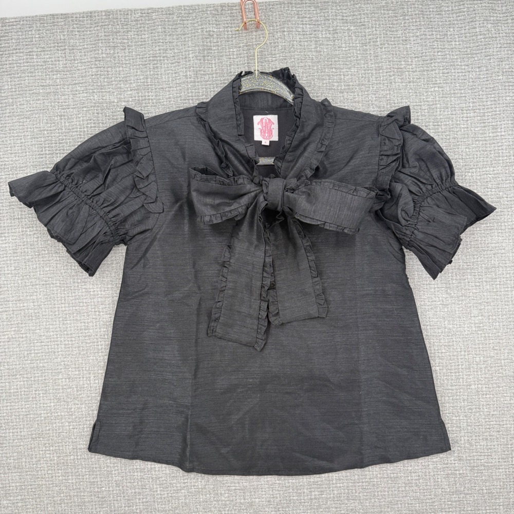 Elizabeth Wilson Ruffle Bow Blouse Womens Small Black Puff Sleeve Coquette Goth